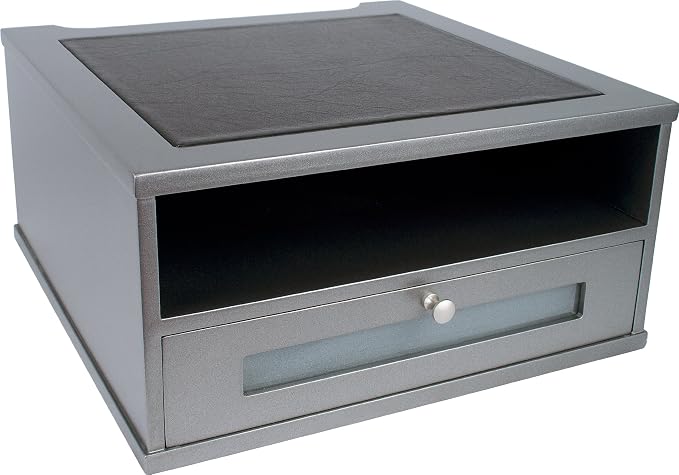 Victor Monitor Riser with Drawer and Storage Shelf - Wood Monitor Stand Desk Organizer with Faux Leather Top, Organize Office Supplies, 13 x 13 x 6.5-Inches, Classic Silver