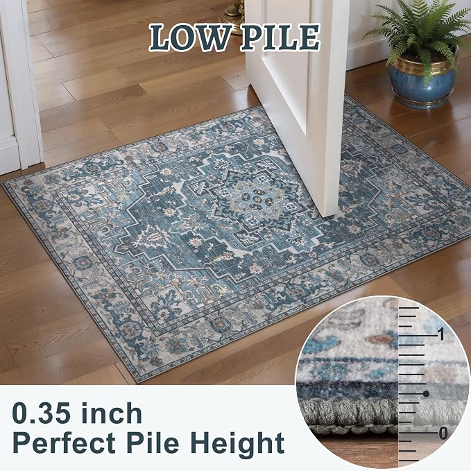 Tangsoo Vintage 5x7 Area Rug Washable Rugs for Living Room, Oriental Indoor Non Slip Large Area Rugs, Farmhouse Print Carpet, Soft Low Pile Foldable Floor Rug for Bedroom Dining Room Blue Gray