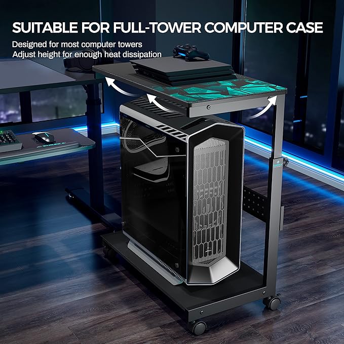 EUREKA ERGONOMIC PC Stand Height Adjustable Black | Height-adjustable 2-tier PC stand with wheels for ATX computer cases or printers, durable steel frame and smooth mobility