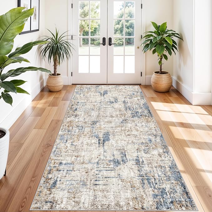 4x12 Wide Hallway Runner Rug – Non-Slip Washable Rubber-Backed Large Carpet Runner for Kitchen, Entryway, Bathroom, Modern Abstract Low-Pile Thin Floor Mat for Living Room, Dining Room (Blue/Brown)
