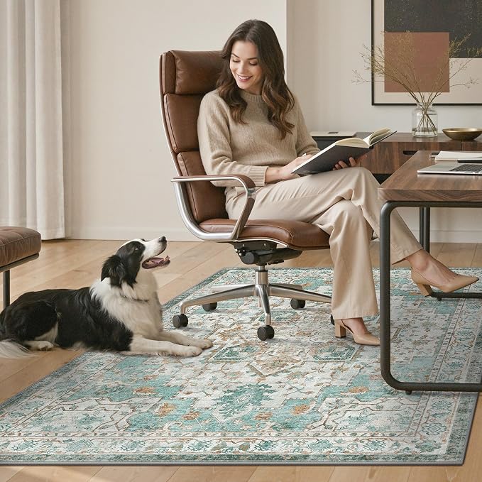 36"x48" Office Chair Mat for Hardwood Tile Floor, Under Desk Carpet Protector for Rolling Computer Chair Mat, Machine Washable Area Rug, Anti-Slip 1/5" Thick Low Pile Thin Vinyl Floor Mat, Cyan