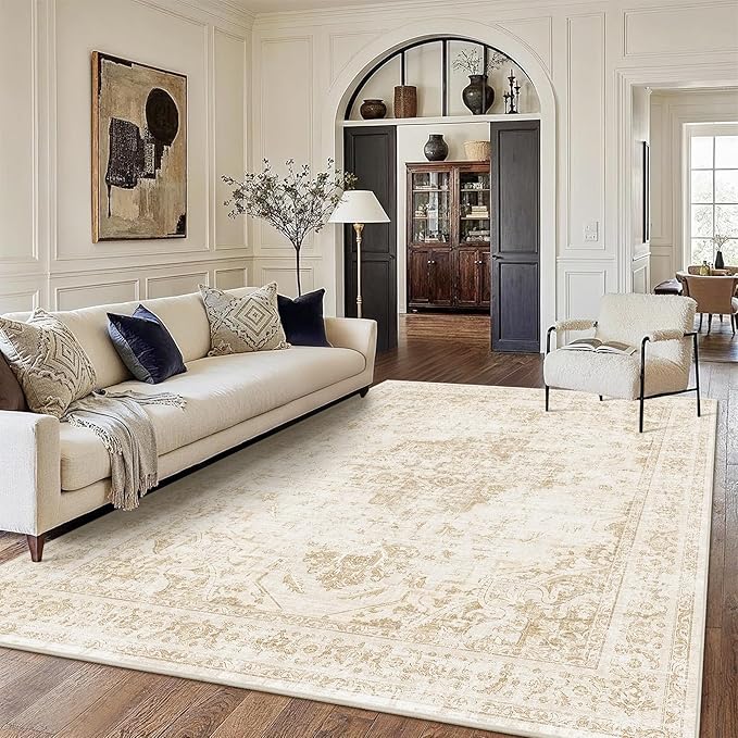 8x10 Vintage Washable Area Rugs Boho Medallion Large Distressed Retro Accent Carpet Floral Non-Slip Soft Low Pile Indoor Throw Rug for Living Room Bedroom Dining Room Office Kitchen, Beige