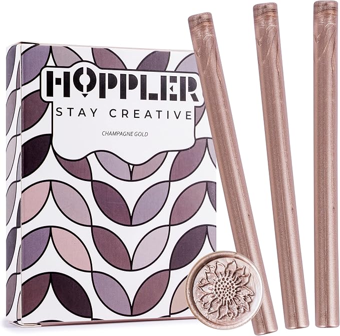 Hoppler Premium Wax Seal Kit with Seal Gun, Wax Sticks, a Flower Stamp, 12 Cavity Silicone Mold, and Extra Additions to Make Seals Stand Out and Make Invitations in Bulk. (Champane Gold)
