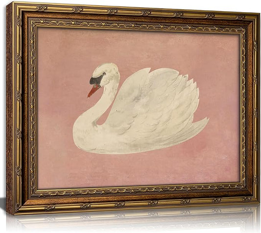 Vintage Gold Framed Wall Art Retro White Swan Cottagecore Canvas Print Neutral Moody Bird Painting Picture Rustic Farmhouse Pink Antique Swan Poster Artwork for Living Room Bedroom
