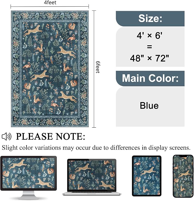 DUKINO 4x6 Rug, Washable Animal Area Rug with Non Slip Vintage Design, Indoor Soft Low Pile Carpet for Bedroom, Nursery, Dining Room, Farmhouse, Playroom, Blue
