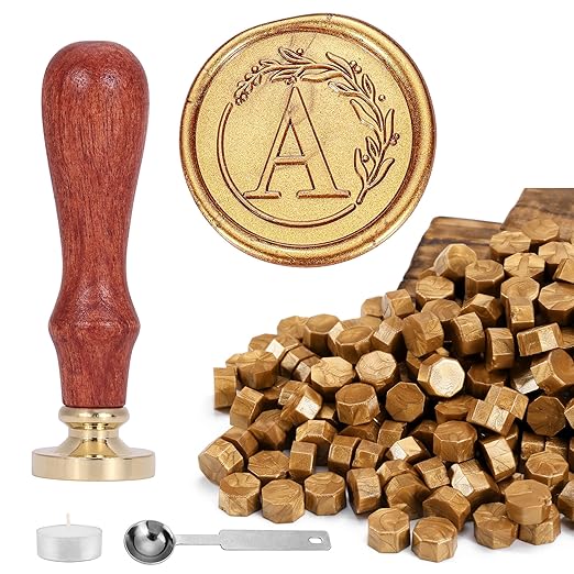 Yoption Letter Wax Seal Kit, Vintage Initial Alphabet A With Wreath Stamp and 120 Antique Gold Seal Beads