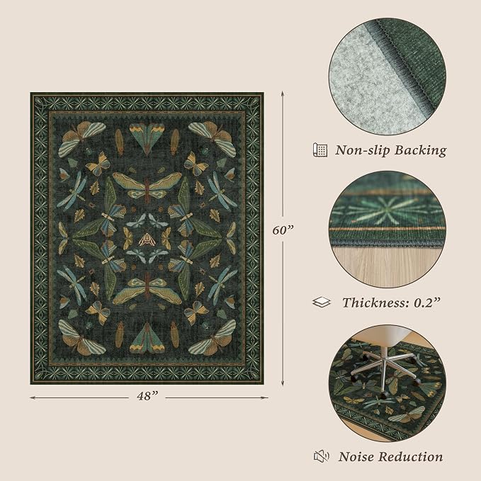 4'x5' Dark Green Office Chair Mat for Hardwood Floors, Insect Boho Design,Non-Slip Low Pile Desk Rug, 48"x60" Small Area Rug for Computer Desk Home Office, Machine Washable WFH Essential for Dorm Room