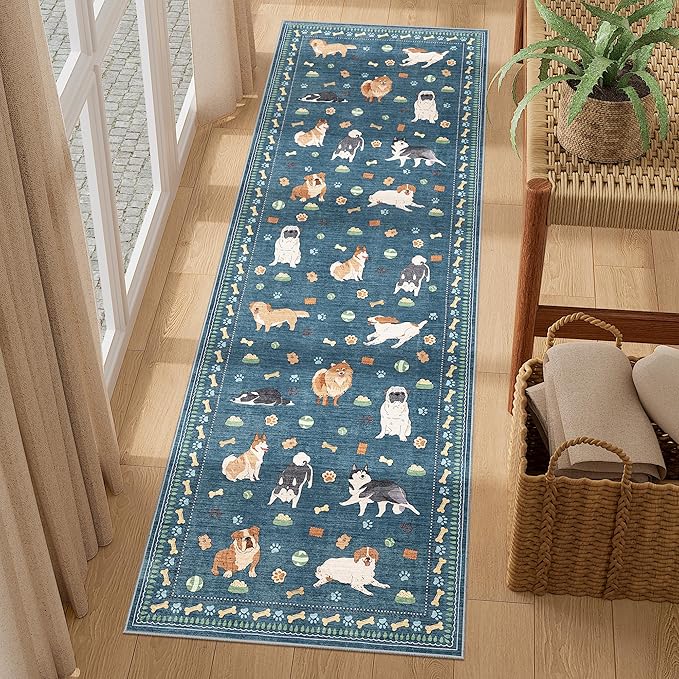 DUKINO 2x6 Washable Runner Rug for Hallway, Non Slip Animal Dog Kitchen Rug with Low Pile Design, Ultra Soft & Stain Resistant Indoor Carpert Runner for Entryway, Bedroom, Laundry, Bathroom, Blue
