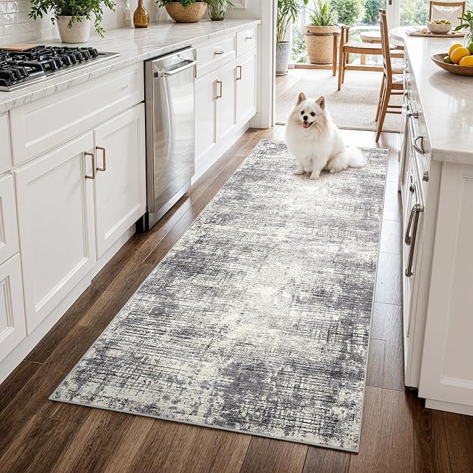 3x6 Kitchen Washable Runner Rug - Non-Slip Hallway Rugs with Rubber Backing Abstract Neutral Low-Pile Carpet Runners for Laundry Room Home Decor Bedroom Bathroom Entryway (Gray Beige,3x6)