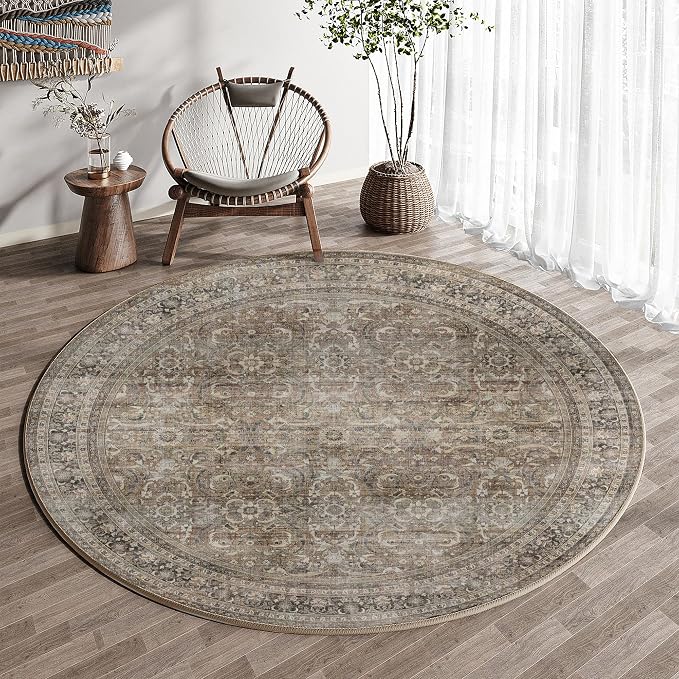 HUGEAR 4ft Round Rug Entryway Rugs Machine Washable Brown Hallway Area Rug 4x4 Small Circle Floral Low Pile Carpet Vacuumable Throw Rug Living Room Laundry Entrance Non Slip Soft Lightweight