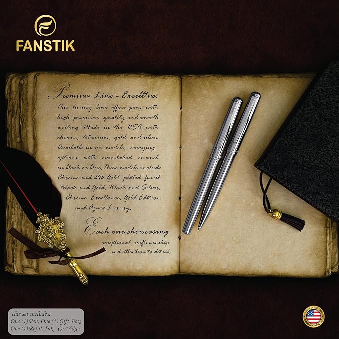 FANSTIK Customized Silver Luxury Rollerball pen, fancy gift set for women, Chrome Finish, Professional executive pen gift set for men (Lux Custom-Rollerball Silver)