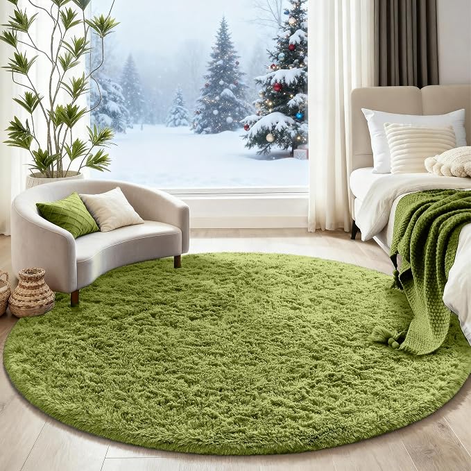 Ophanie Round Rug 5Ft Green Circle Area Rug, Green Room Decor, Fluffy Fuzzy Bedroom Carpet, Plush Soft Shaggy Living Room Rugs for Kids Home Decor Aesthetic, Nursery with Over 99 pcs Pile fibers