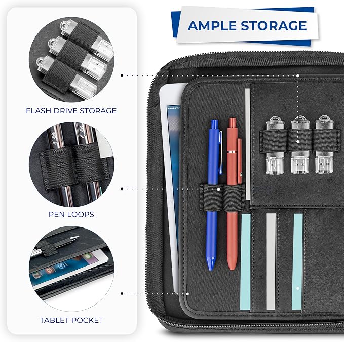 Samsill Professional Padfolio, Faux Leather Junior Portfolio with Zipper, 10.1 Inch Tablet Sleeve, with 7 x 10 Inch Notepad, Black