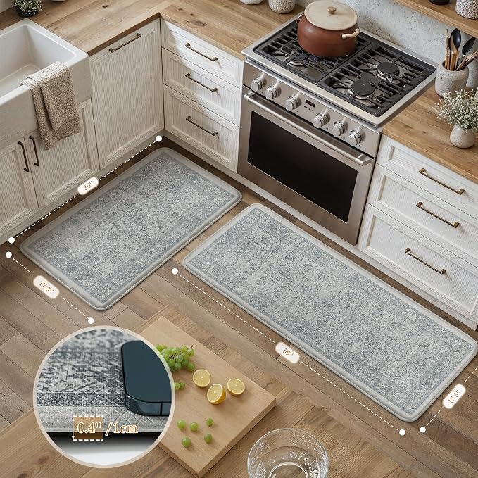 PureCozy Kitchen Mats 2PCS Anti Fatigue Cushioned Mat Blue Vintage Kitchen Mats for Floor Waterproof Non Slip Comfort Standing Distressed Rug for Sink Laundry Office 17.3"x59"+17.3"x30"