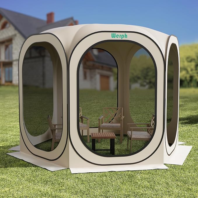 Werph 10x10 Pop Up Screen Tent, Mosquito Net Gazebo, UV Resistant, Beige | Roof Waterproof Screen Canopy, Quick Setup Outdoor Shelter for Backyard, Patio, Garden, Picnic, Camping and Events