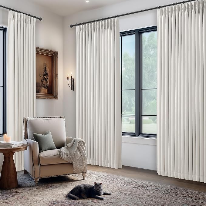 Extra Wide 70 Inch Beige White Blackout Bedroom Curtains 90 Inches Long 2 Panels, Memory Trained Pinch Pleated Room Darkening Thermal Linen Textured Two Layer Drapes for Living Room Sound Proof Burg