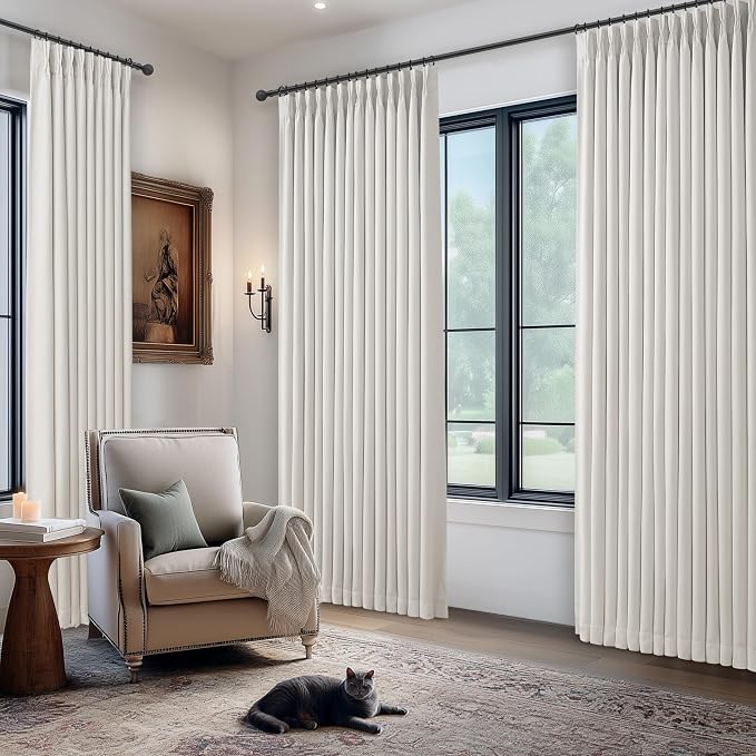 PleatedDrapes 100% Blackout Curtains 78 Inches Long 2 Panel Set for Nursery, Memory Trained Pinch Pleated Linen Off White Modern Window Drapes Thermal Room Darkening 78 Inch Double Layer Thick Curtain