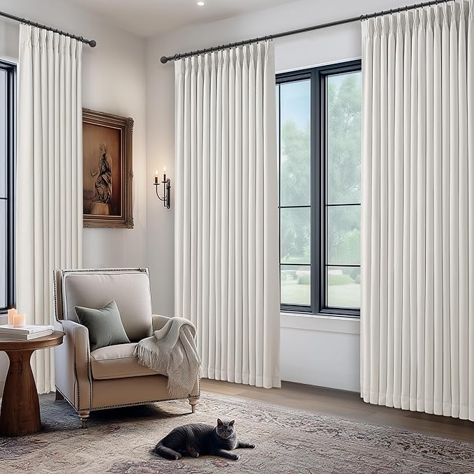 Pinch Pleated Extra Long Blackout 132 Inch Curtains for Sliding Glass Door, Beige White Two Layer Linen Light Blocking Floor to Ceiling Living Room Window Drapes 2 Panels Set 11FT Length Large Curtain