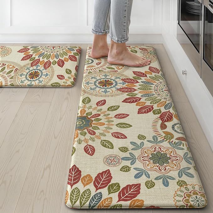 GENIMO Anti Fatigue Kitchen Mats for Floor 2PCS, Cushioned Standing Mats | 17.3"x47"&17.3"x30", Beige Red vintage floral rug set, waterproof, non slip, easy-clean for farmhouse
