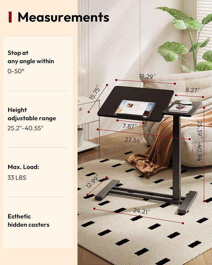 SANODESK 28''Overbed Table Gas Spring Lifting with Wheels&Tilting Desktop | Rolling Mobile Laptop Desk End Table,Portable Computer Workstation for Home Office,Sofa,Bedside,27.6" W x 15.7" D, Black