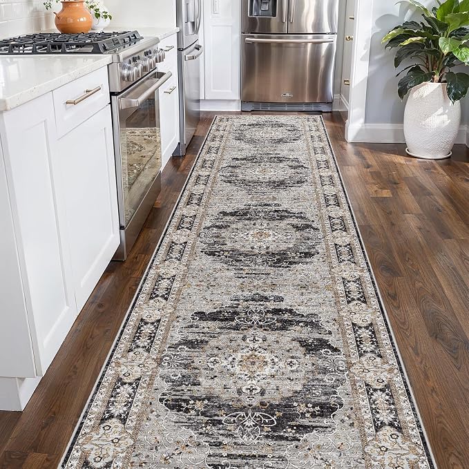 2x10 Runner Rug for Hallway Washable: Non Slip Kitchen Rugs with Rubber Backing Soft Waterproof Wide Mats Stain Resistant Low Pile Carpet for Entryway Bedroom Bathroom Laundry Home Decor Black/Gray