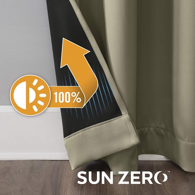 Sun Zero Nordic 2-pack Theater Grade Extreme 100% Blackout Grommet Curtain Panel Pair, 52" x 84", Olive