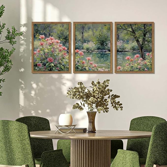 Framed Monet Wall Art Set of 3, Impressionist Botanical Floral Canvas Wall Decor, Vintage Cottagecore Artwork Paintings, Nature Landscape Flowers Prints Pictures for Living Room Bedroom 12x16 Inch