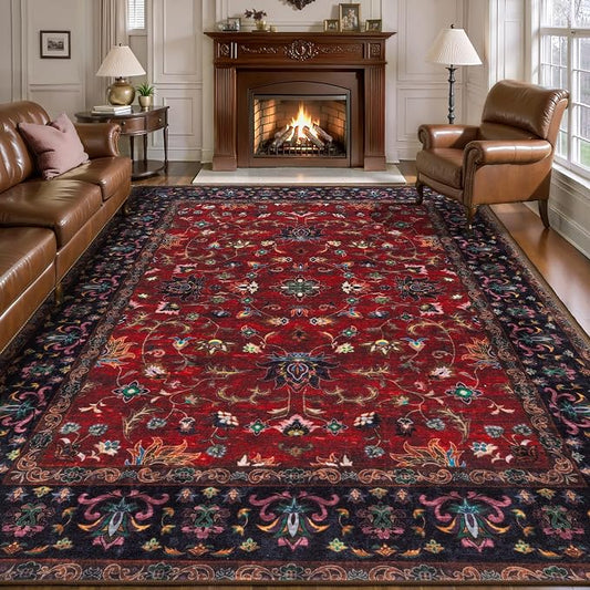 Tangsoo Red 6x9 Washable Rug, Floral Vintage Large Area Rugs for Living Room, Indoor Non Slip Print Floor Carpet, Soft Low Pile Machine Washable Rug for Bedroom Dining Room Dorm Home Decor