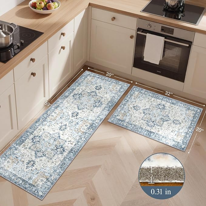 GENIMO Kitchen Rugs Non Slip Washable, 2PCS Kitchen Mats for Floor, Cushioned Standing Mat, Kitchen Runner Rug Floor Mat for Kitchen Decor, Laundry, Sink, Entryway, Home, 20"x32"+20"x59", Blue