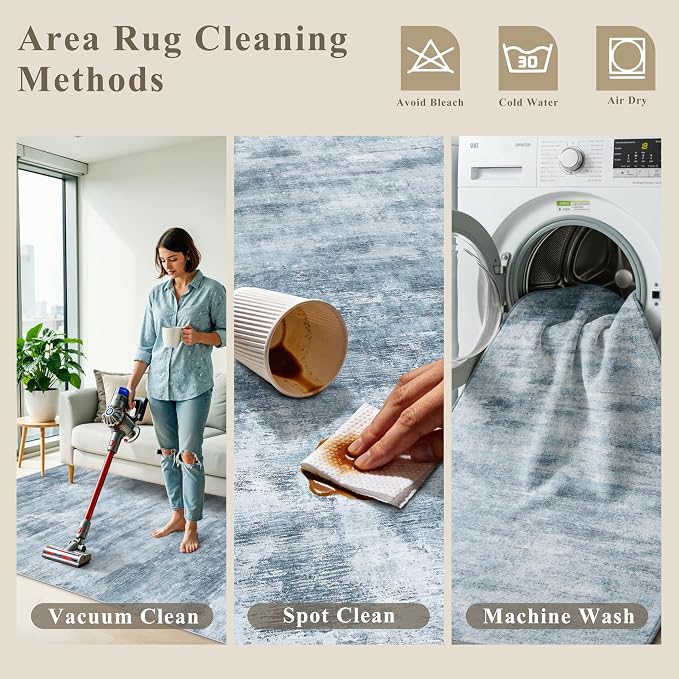 10x10 ft Square Living Room Rug – Washable Modern Abstract Area Rug for Bedroom, Dining Room, Playroom – Neutral Non-Slip Low-Pile Thin Indoor Carpet (Misty Blue Gray)