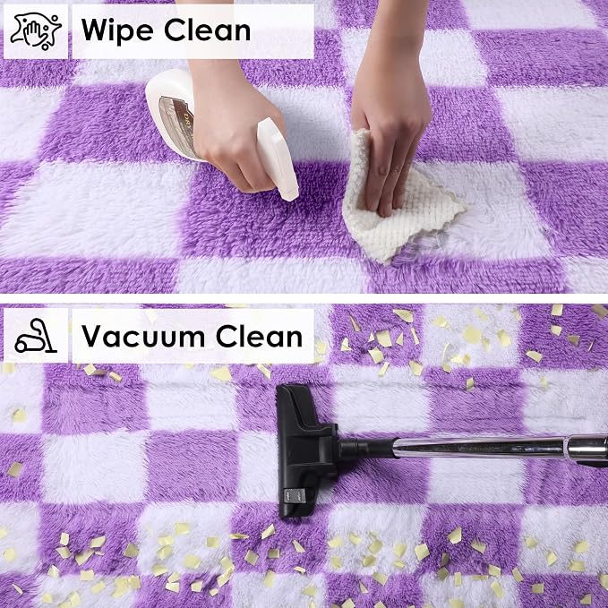 KICMOR Purple Rugs for Living Room Bedroom, Fluffy Soft Checkered 5x8 Area Rug Fuzzy Shag Shaggy Carpet, Indoor Furry Plush Floor Rugs for Kids Girls Boys Baby Teen Dorm Nursery Home Decor Aesthetic
