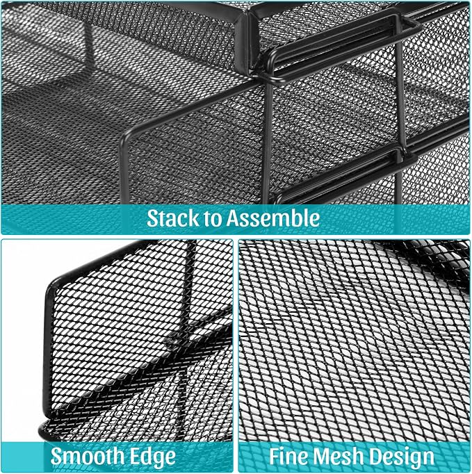 Office Drawer Organizer, 2 Tiers Stackable Paper Tray Organizer for Desk, Standing Papers File, Black Mesh/Office File Collation