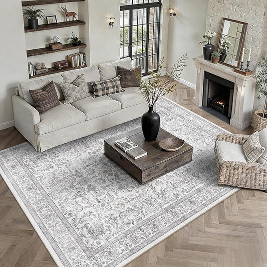 9x12 Gray Washable Area Rugs for Living Room Non Slip Low Pile Vintage Boho Throw Rug Soft Retro Distressed Floral Large Carpet Indoor Farmhouse Decor for Bedroom Dining Room Office Kitchen Playroom