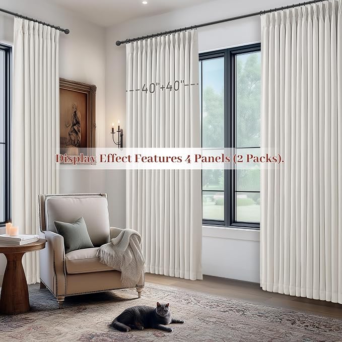 Pinch Pleat Extra Long High Ceiling 120 Inch Curtains for Living Room 2 Panels Set, Cottage Core Blackout Flax Linen Beige White Luxury Windows Curtain with Back Tab 40 x 120 Inches Long Large Drapes