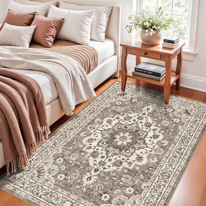 4x6 Area Rugs for Living Room: Perfect for Bedroom Kitchen Kids Room Nursery - Stain & Water Resistant Non-Slip Pet & Child Friendly Vintage Carpet (Beige, 4x6)