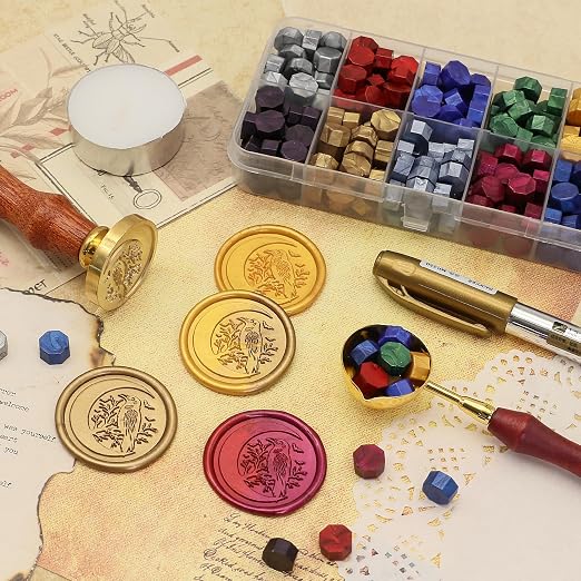 SWANGSA Moon Crow Wax Seal Stamp Kit with 200pcs Sealing Wax Beads, Great for Embellishment of Halloween Party Invitations, Wine Packages, Gift Wraps
