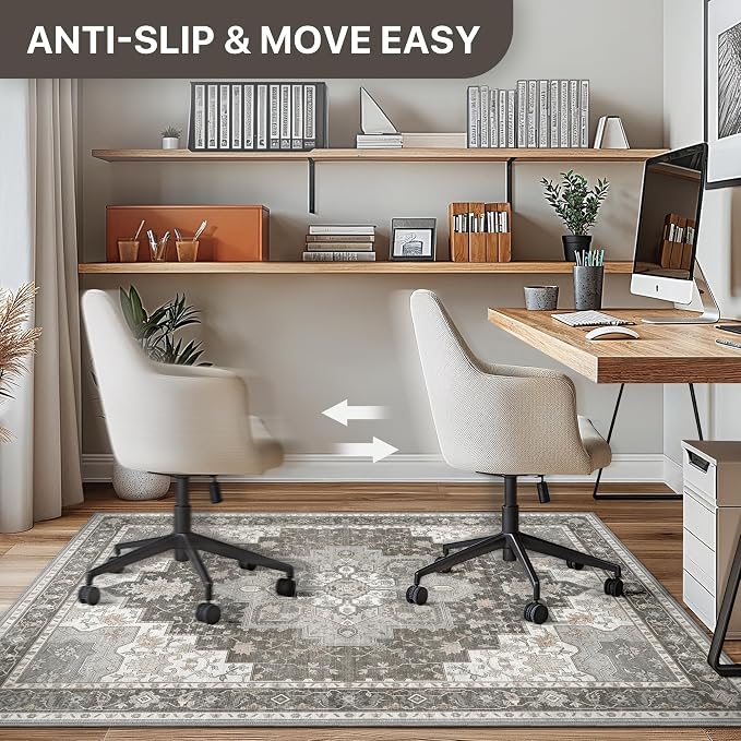 36"x48" Office Chair Mat for Hardwood Tile Floor, Under Desk Carpet Protector for Rolling Computer Chair Mat, Machine Washable Area Rug, Anti-Slip 1/5" Thick Low Pile Thin Vinyl Floor Mat, Tawny Grey