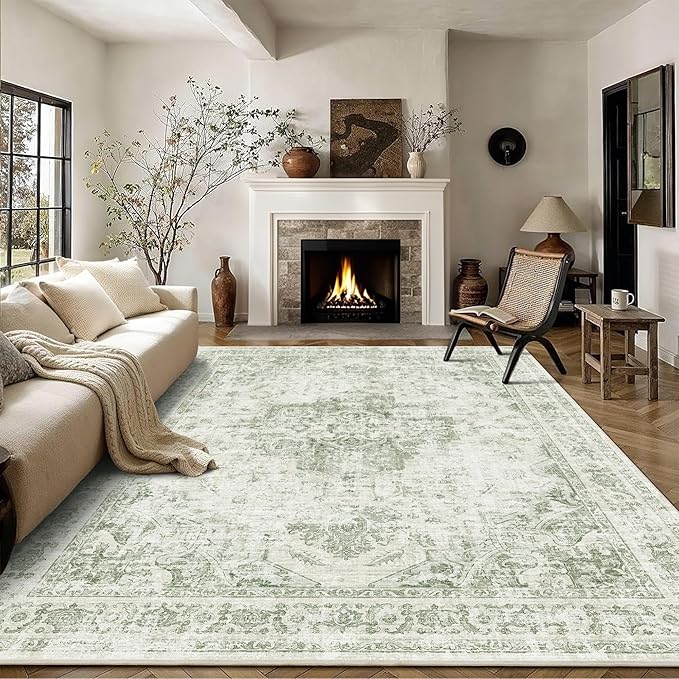 9x12 Vintage Washable Area Rugs Boho Medallion Large Distressed Retro Accent Carpet Floral Non-Slip Soft Low Pile Indoor Throw Rug for Living Room Bedroom Dining Room Office Kitchen, Green