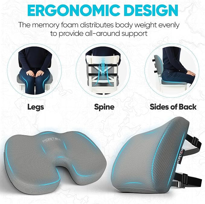 FORTEM Seat Cushion, Office Chair Cushion, Lumbar Support Pillow for Office Chair, Memory Foam Car Seat Cushions, Sciatica Coccyx Tailbone Pain Relief, Cushions for Back Support, Washable, Non Slip XL