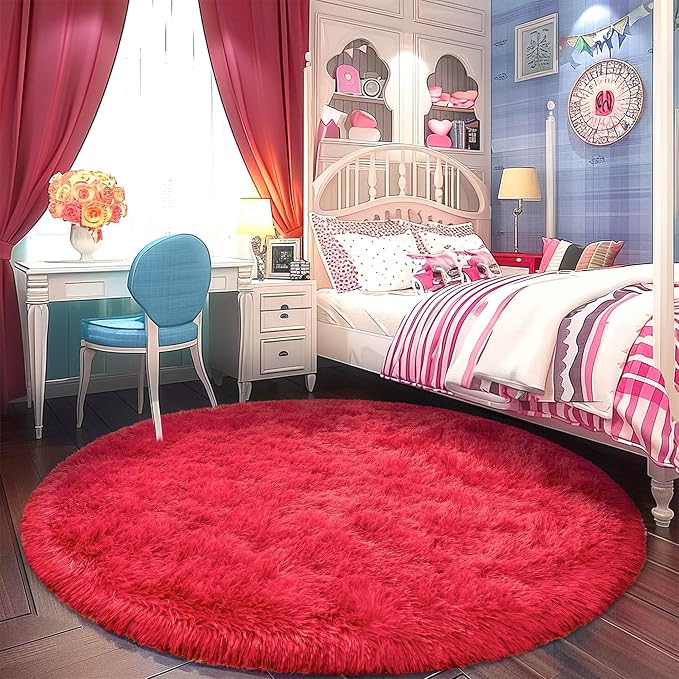 Awaytail Round Fluffy Circular Rug 8FT Red - Super Soft Shaggy Furry Carpet for Kids & Nursery