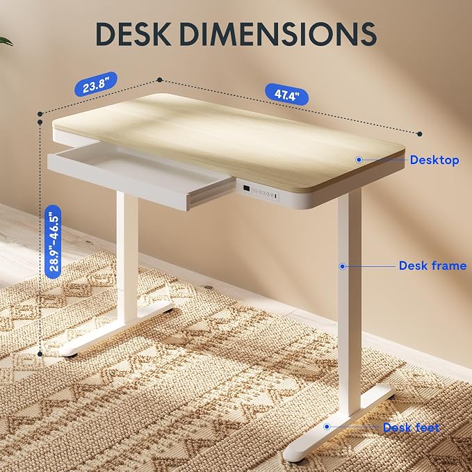 FLEXISPOT Comhar Electric Standing Desk with Drawers Charging USB Port, Height Adjustable 48" Whole-Piece Quick Install Home Office Computer Laptop Table with Storage