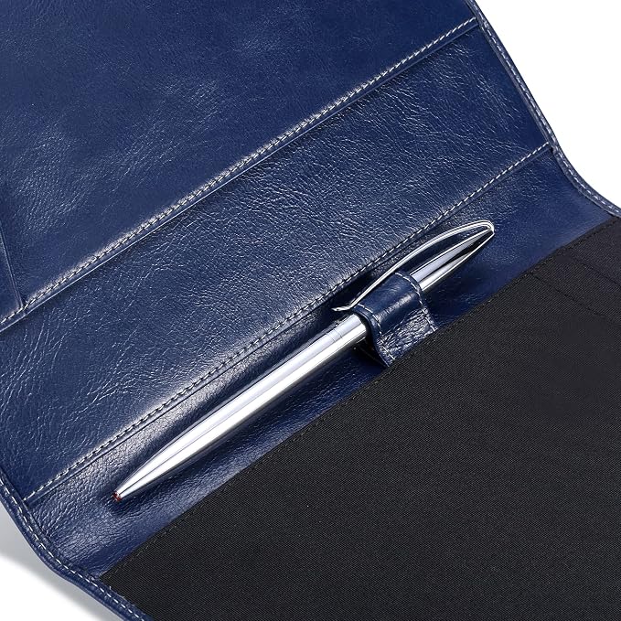 HISCOW Slim Leather Junior Padfolio, 5x8 Notepad Cover, Antiqued Blue | Full-grain buffalo leather, top-loading legal pad holder, rigid pen loop, quick-access card slot, zipperless boardroom design