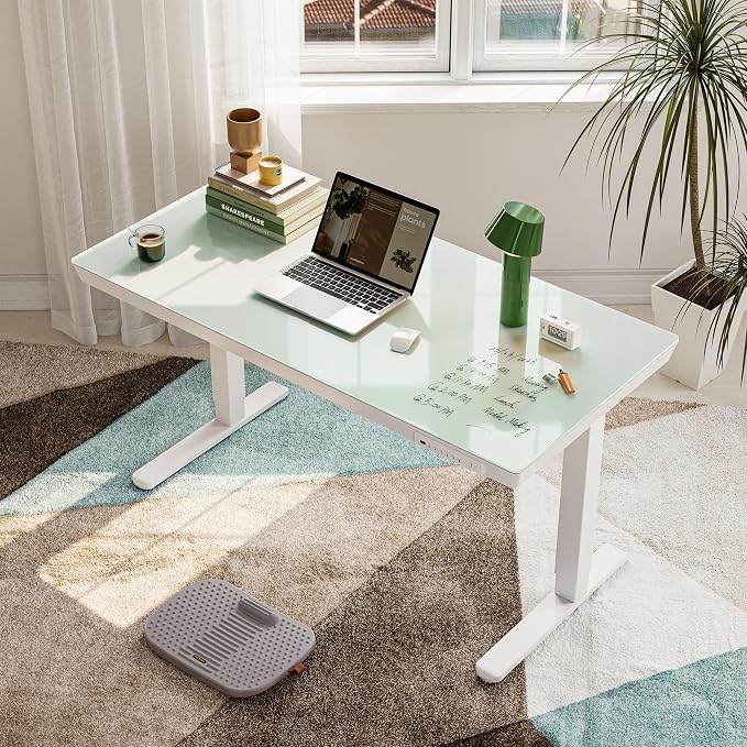 FEZIBO 48 × 24 Electric Standing Desk with Drawers, Whole-Piece Glass Adjustable Height Desk, One-Piece Quick Install Adjustable Sit Stand Desk, White