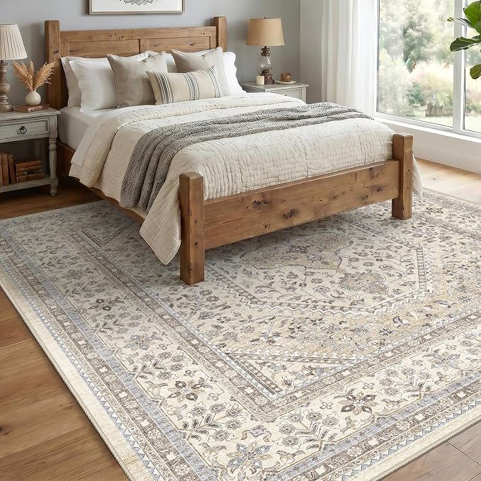 Puino 8x8 Square Area Rug - Washable Oriental Large Rugs for Living Room Soft Non-Slip Backing Indoor Carpet for Bedroom Low Pile Stain Resistant Floor Mat for Dinning Room Home Decor Beige/Gray
