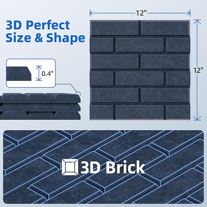 12 Pack Acoustic Panels with Self Adhesive, 12" X 12" X 0.4" High Density Sound Proof Foam Panels for Walls, Soundproof Wall Panel, Brick Sound Absorbing Panel for Home Studio Office Decor Navy Blue