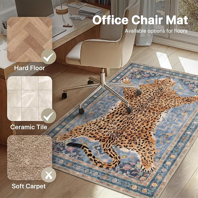 36"x60" Office Chair Mat for Hardwood Tile Floor, Under Desk Carpet Protector for Rolling Computer Chair Mat, Machine Washable Area Rug, Anti-Slip 1/5" Thick Low Pile Thin Floor Mat, Leopard Blue