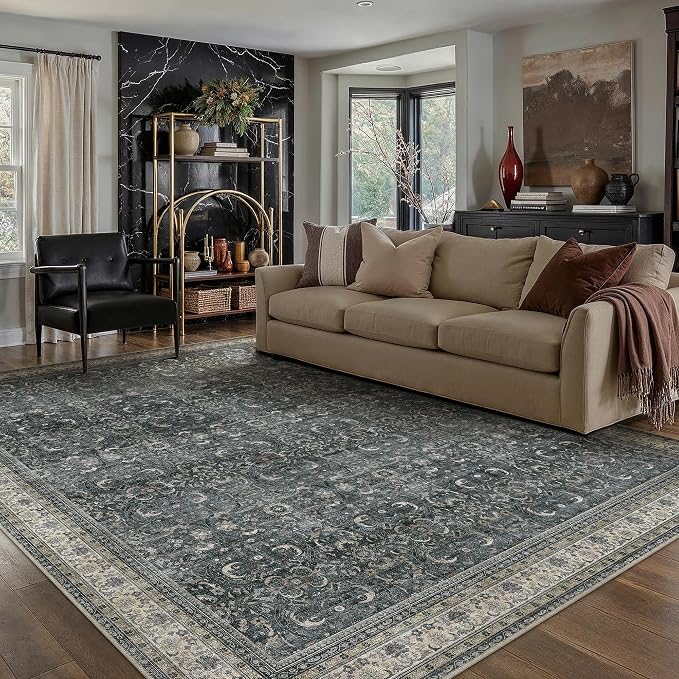 HUGEAR Area Rug 6x9 Vintage Black Machine Washable Living Room Rugs Distressed Retro Floral Vacuumable Low Pile Carpet Bedroom Office Dining Room Laundry Room Non Slip Soft Lightweight