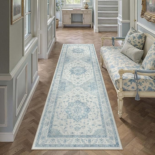 PureCozy Blue Runner Rug 2x8 Washable Vintage Carpet for Hallway Kitchen Soft Retro Low Pile Thin Indoor Runner Non Slip Oriental Medallion Long Throw Rug for Bathroom Bedroom Laundry Dining Room