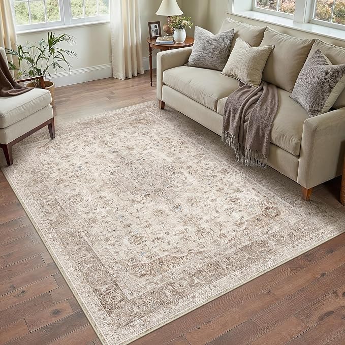 PureCozy Beige Area Rug 4x6 Washable Office Entryway Vintage Carpet Low Pile Non Slip Distressed Door Mat Soft Traditional Retro Oriental Small Accent Throw Rug Kitchen Bedroom Bathroom Dining Room