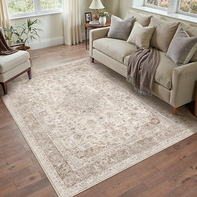 PureCozy Beige Area Rug 3x4 Washable Office Entryway Vintage Carpet Low Pile Non Slip Distressed Door Mat Soft Traditional Retro Oriental Small Accent Throw Rug Kitchen Bedroom Bathroom Dining Room